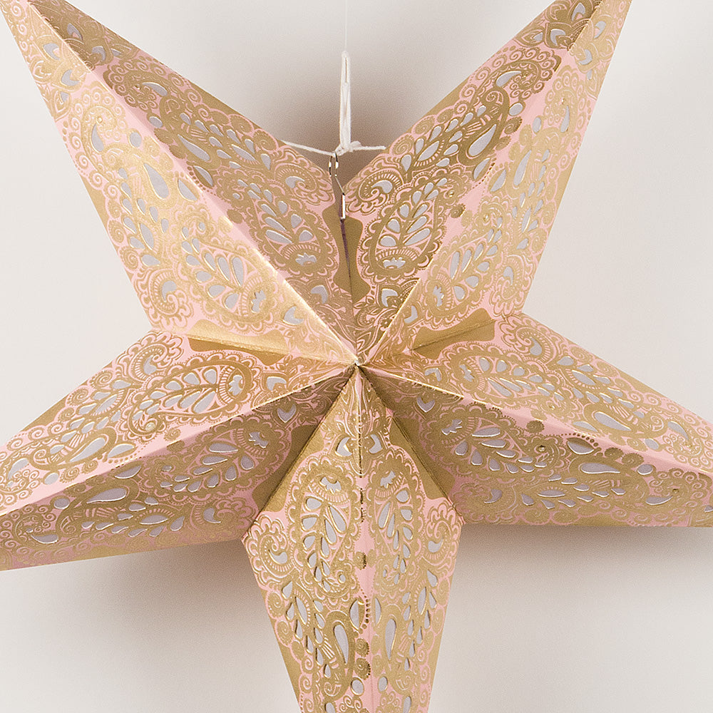 24&quot; Gold and Pink Paisley Paper Star Lantern, Hanging - PaperLanternStore.com - Paper Lanterns, Decor, Party Lights &amp; More