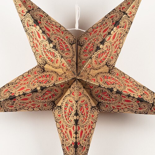 3-PACK + Cord | Red Lace Paisley 24&quot; Illuminated Paper Star Lanterns and Lamp Cord Hanging Decorations - PaperLanternStore.com - Paper Lanterns, Decor, Party Lights &amp; More