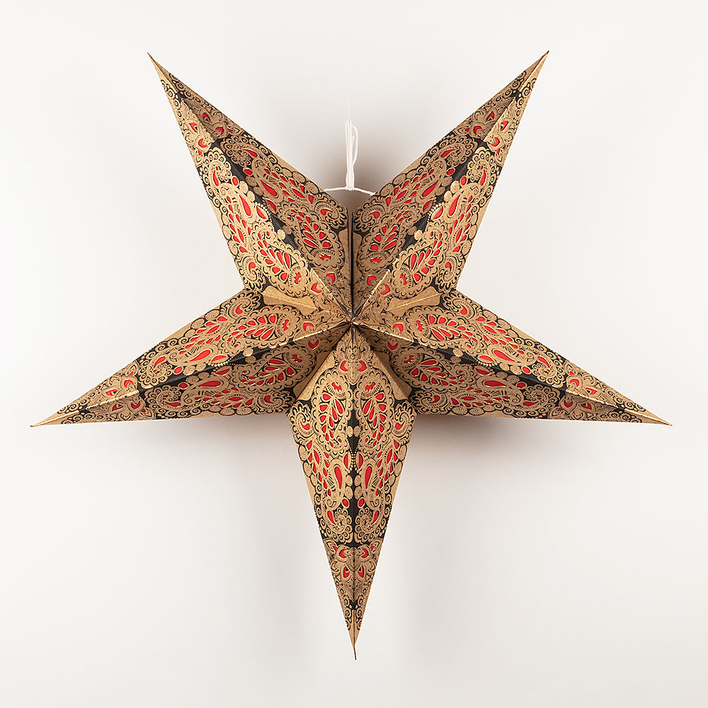 24" Gold, Red and Black Paisley Paper Star Lantern, Hanging - PaperLanternStore.com - Paper Lanterns, Decor, Party Lights & More