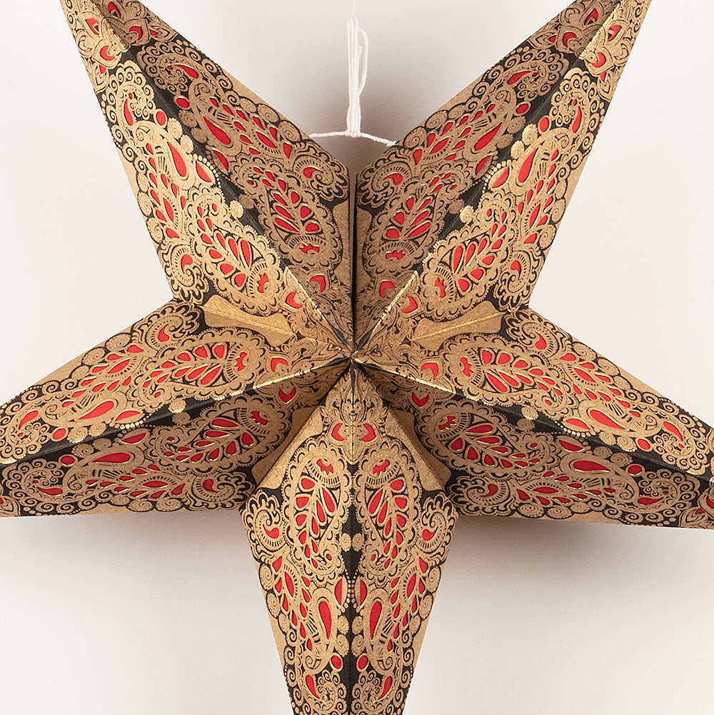 24" Gold, Red and Black Paisley Paper Star Lantern, Hanging - PaperLanternStore.com - Paper Lanterns, Decor, Party Lights & More