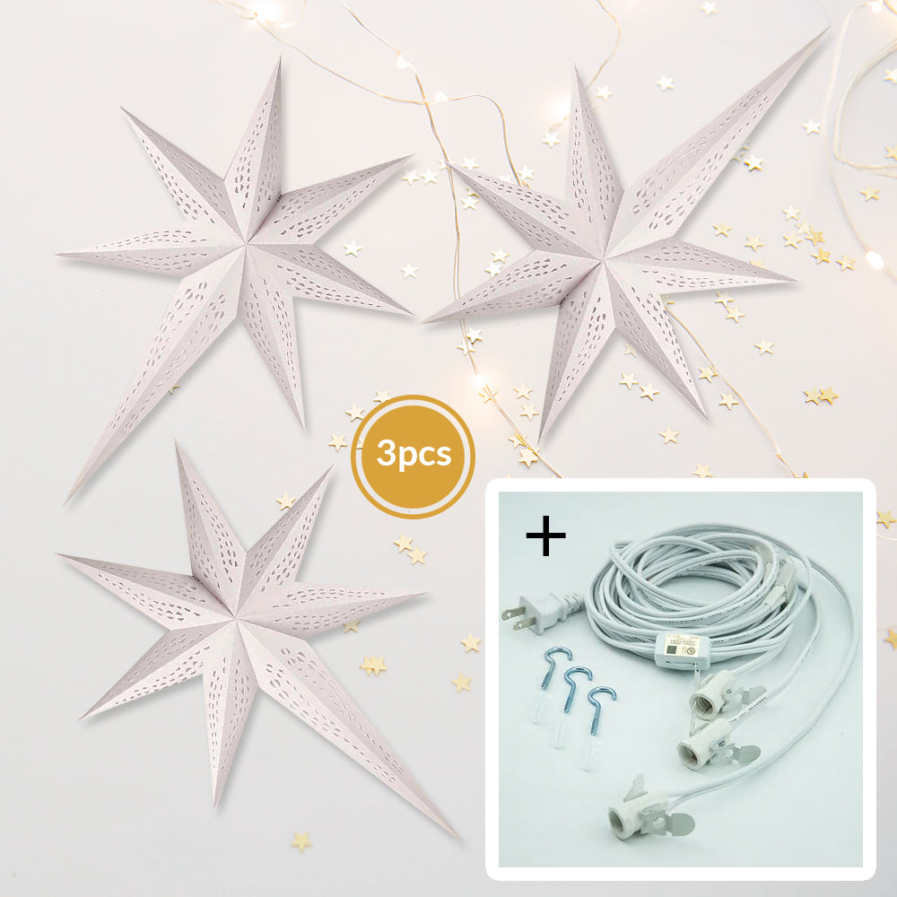 3-PACK + Cord | White Long Tail 36&quot; Illuminated Paper Star Lanterns and Lamp Cord Hanging Decorations - PaperLanternStore.com - Paper Lanterns, Decor, Party Lights &amp; More