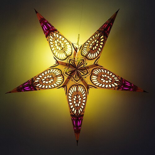 3-PACK + Cord | Yellow Window 24&quot; Illuminated Paper Star Lanterns and Lamp Cord Hanging Decorations - PaperLanternStore.com - Paper Lanterns, Decor, Party Lights &amp; More