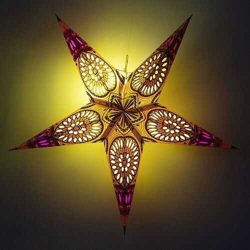 3-PACK + Cord | Yellow Window 24" Illuminated Paper Star Lanterns and Lamp Cord Hanging Decorations - PaperLanternStore.com - Paper Lanterns, Decor, Party Lights & More