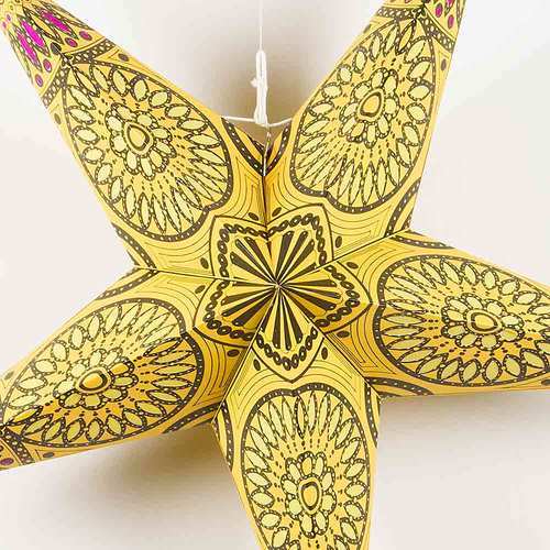 3-PACK + Cord | Yellow Window 24&quot; Illuminated Paper Star Lanterns and Lamp Cord Hanging Decorations - PaperLanternStore.com - Paper Lanterns, Decor, Party Lights &amp; More