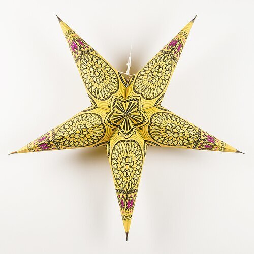 3-PACK + Cord | Yellow Window 24&quot; Illuminated Paper Star Lanterns and Lamp Cord Hanging Decorations - PaperLanternStore.com - Paper Lanterns, Decor, Party Lights &amp; More