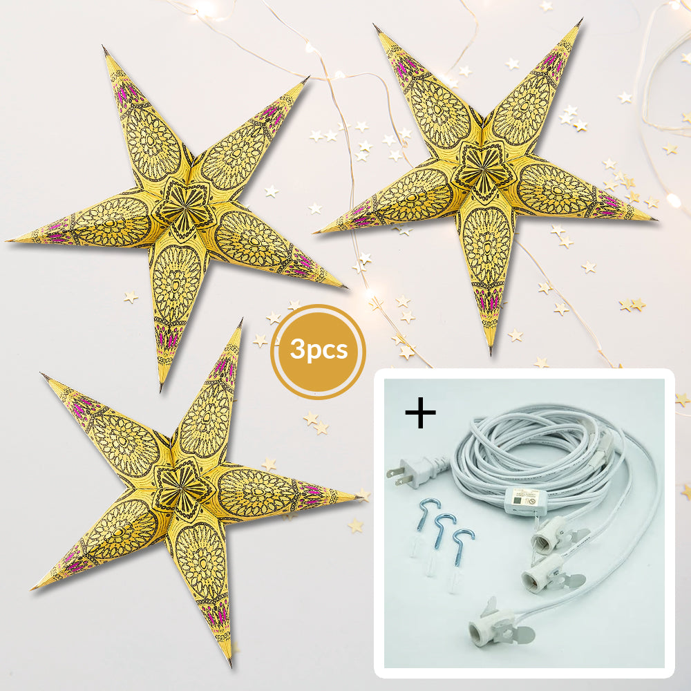 3-PACK + Cord | Yellow Window 24&quot; Illuminated Paper Star Lanterns and Lamp Cord Hanging Decorations - PaperLanternStore.com - Paper Lanterns, Decor, Party Lights &amp; More