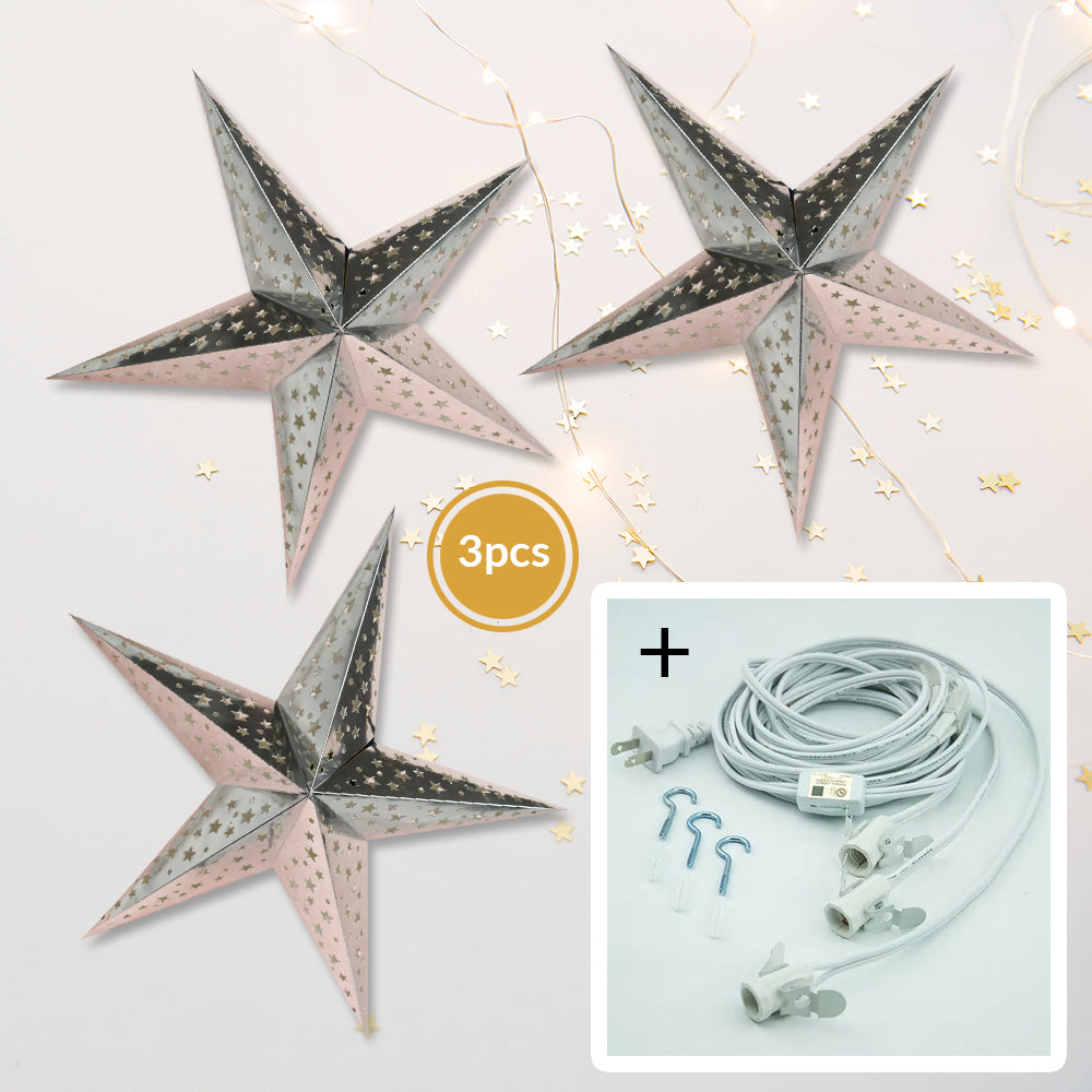 3-PACK + Cord | Silver Starry Night 26&quot; Illuminated Paper Star Lanterns and Lamp Cord Hanging Decorations - PaperLanternStore.com - Paper Lanterns, Decor, Party Lights &amp; More