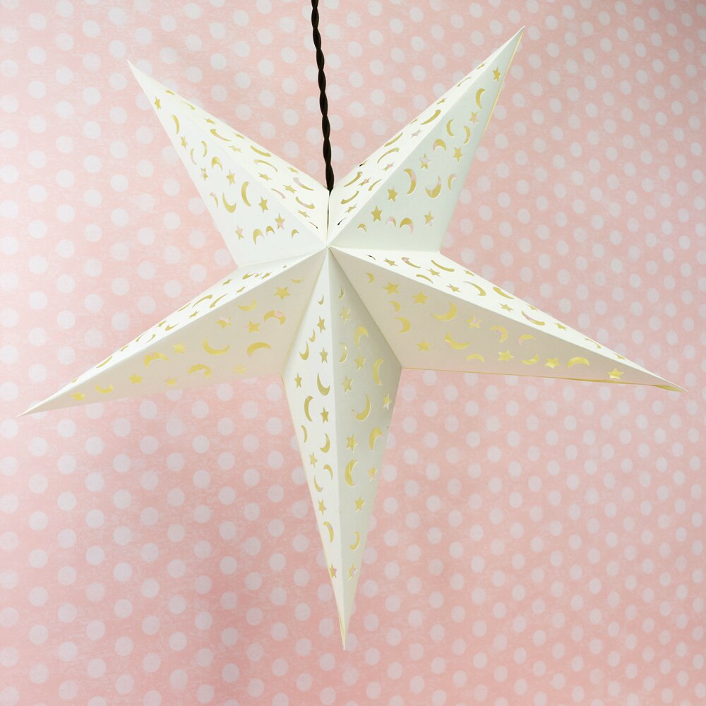 3-PACK White Moon and Stars 24&quot; Illuminated Paper Star Lanterns Hanging Decorations