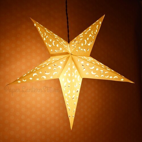3-PACK + Cord | White Moon and Stars 24&quot; Illuminated Paper Star Lanterns and Lamp Cord Hanging Decorations - PaperLanternStore.com - Paper Lanterns, Decor, Party Lights &amp; More