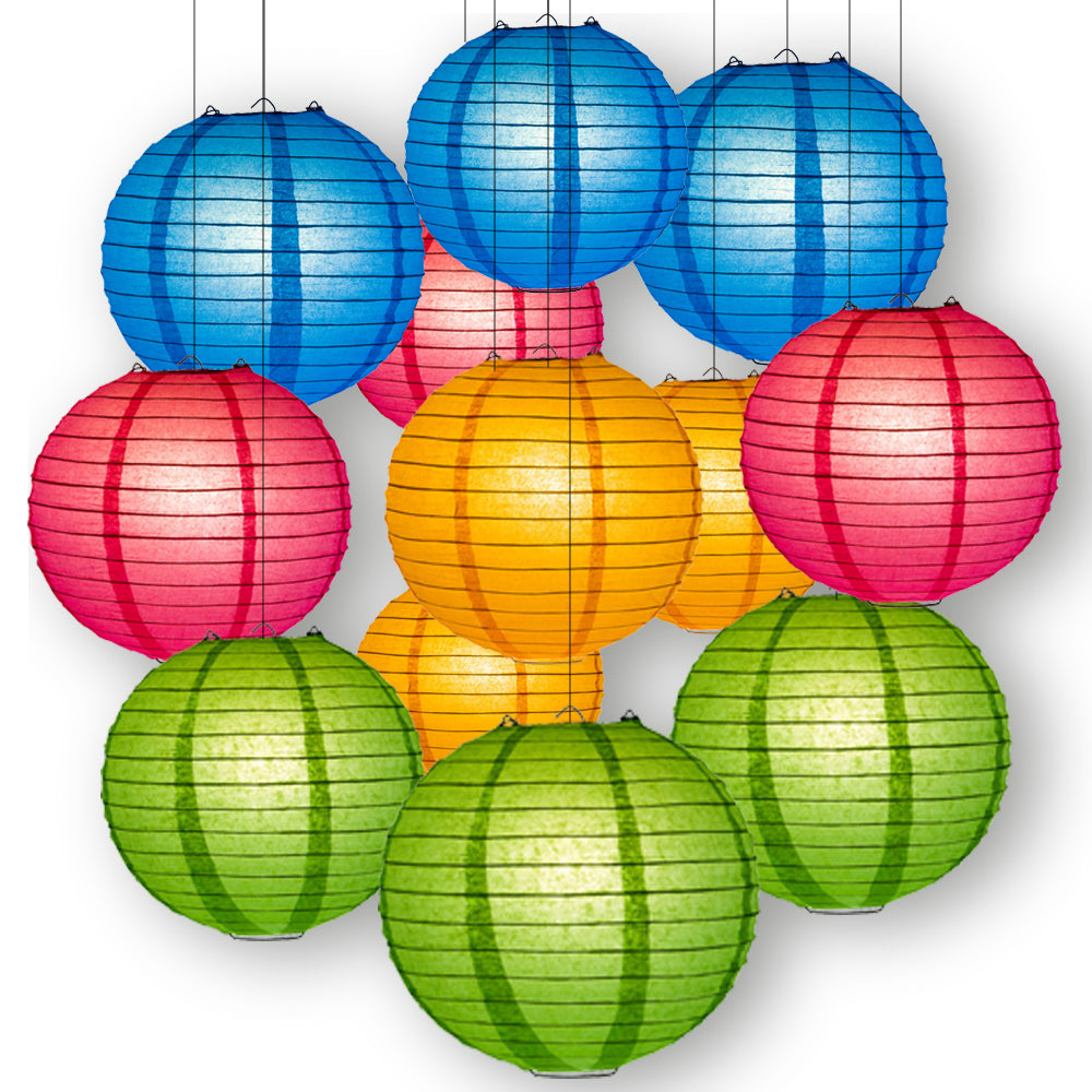 Tropical Celebration Party Pack Parallel Ribbed Paper Lantern Combo Set (12 pc Set) - PaperLanternStore.com - Paper Lanterns, Decor, Party Lights &amp; More