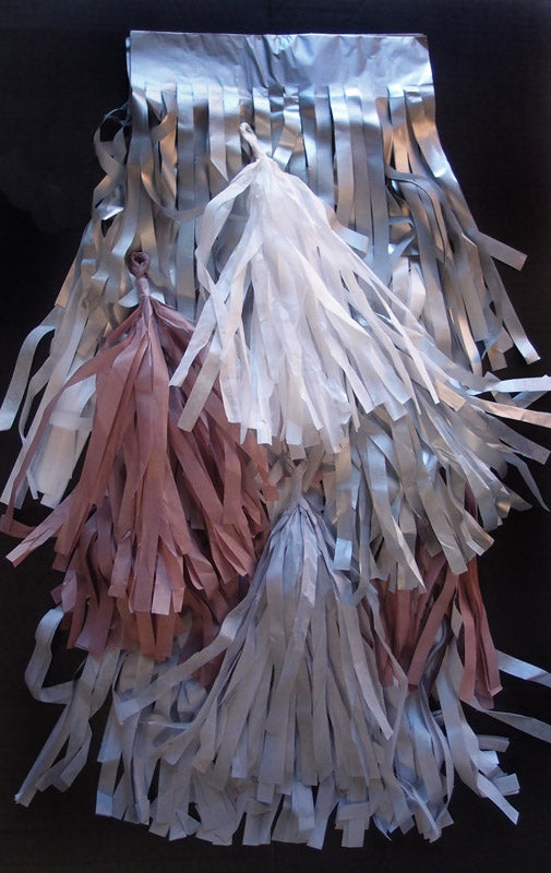 Tissue Paper Tassel Garland Kit - Silver Party (Silver, Gray, White, Light Rose) - PaperLanternStore.com - Paper Lanterns, Decor, Party Lights &amp; More