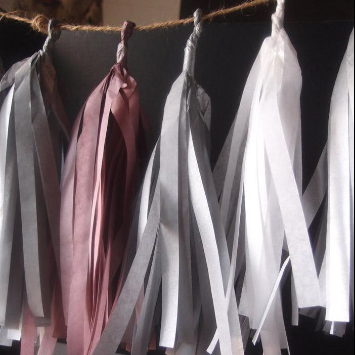 Tissue Paper Tassel Garland Kit - Silver Party (Silver, Gray, White, Light Rose) - PaperLanternStore.com - Paper Lanterns, Decor, Party Lights &amp; More