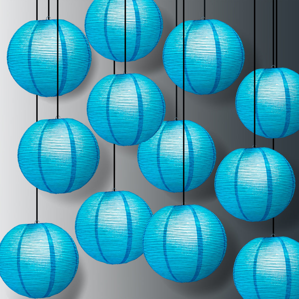12 PACK | 12&quot; Turquoise Blue Fine Line Premium Even Ribbing Paper Lantern, Extra Sturdy - PaperLanternStore.com - Paper Lanterns, Decor, Party Lights &amp; More