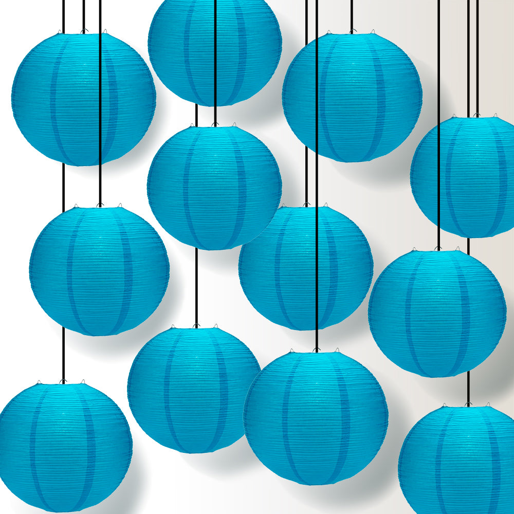 12 PACK | 12&quot; Turquoise Blue Fine Line Premium Even Ribbing Paper Lantern, Extra Sturdy - PaperLanternStore.com - Paper Lanterns, Decor, Party Lights &amp; More