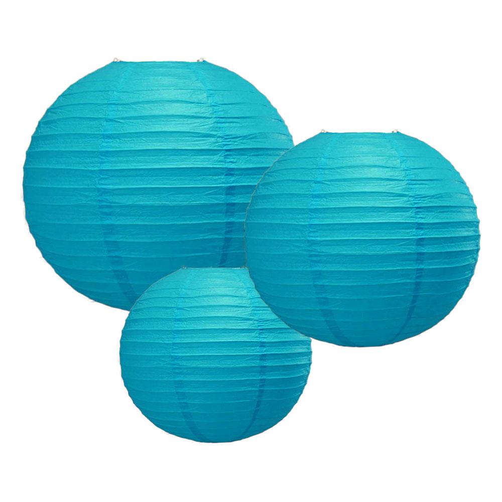 8/12/16&quot; Turquoise Round Paper Lanterns, Even Ribbing (3-Pack Cluster) - PaperLanternStore.com - Paper Lanterns, Decor, Party Lights &amp; More