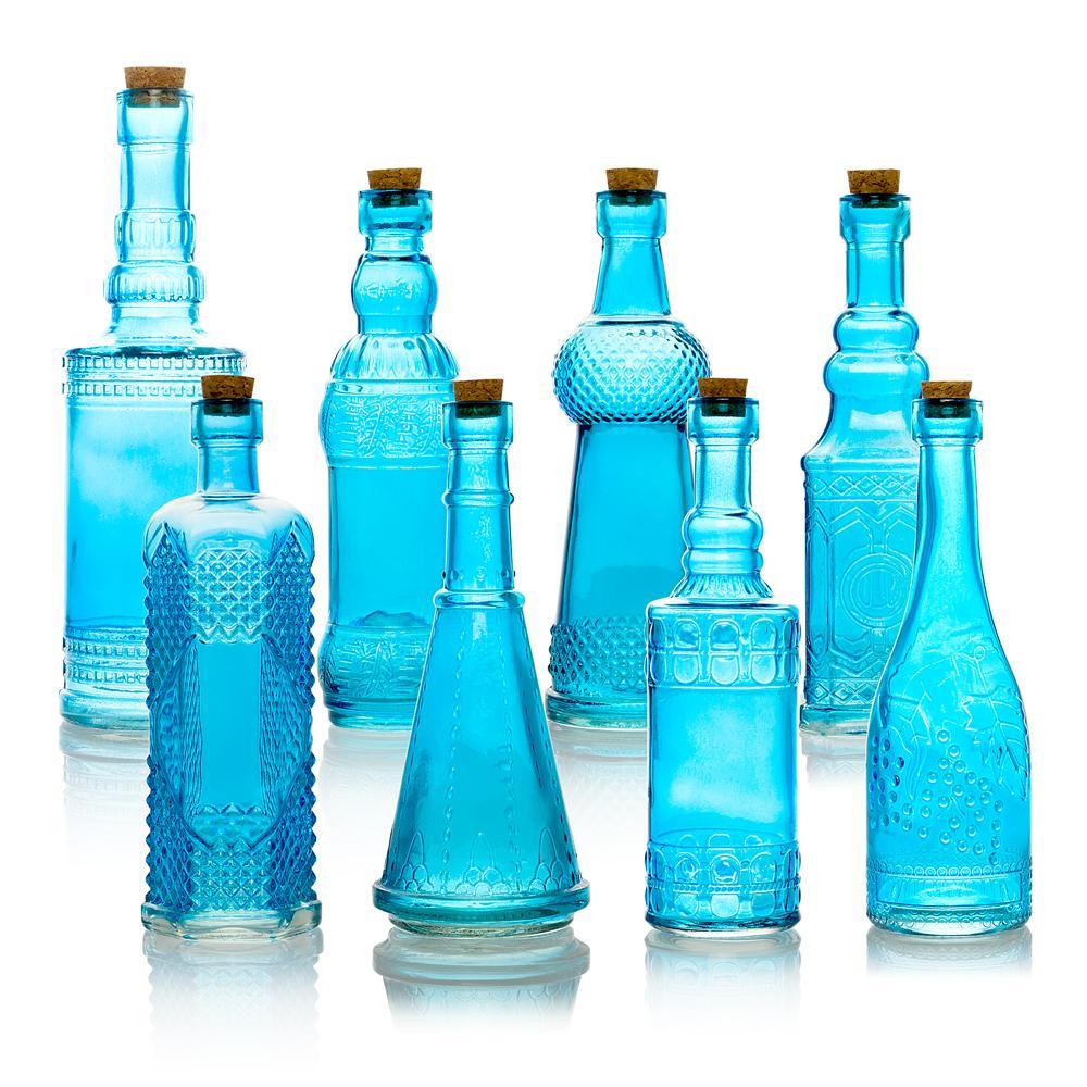 8pc Turquoise Vintage Glass Wedding Bottle Set, Assorted Wedding Table and Centerpiece Display - PaperLanternStore.com - Paper Lanterns, Decor, Party Lights &amp; More