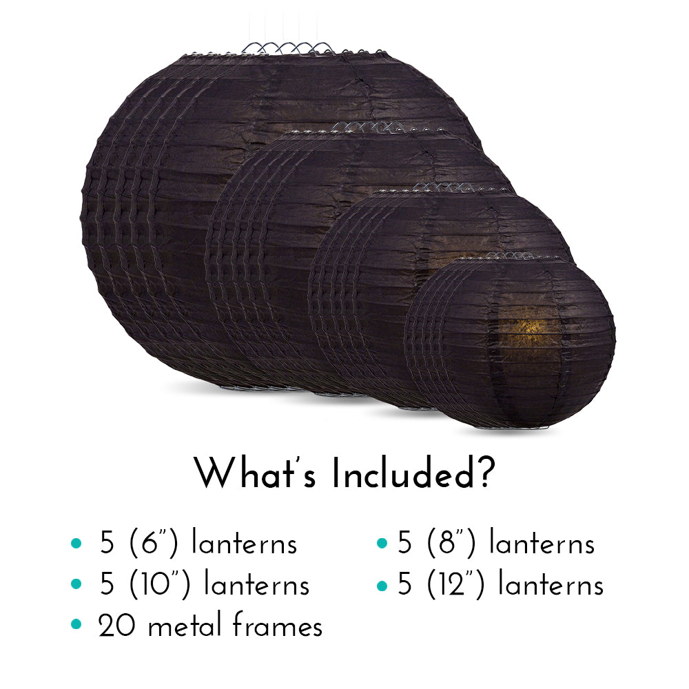 Ultimate 20pc Black Paper Lantern Party Pack - Assorted Sizes of 6, 8, 10, 12 for Weddings, Birthday, Events and Decor - PaperLanternStore.com - Paper Lanterns, Decor, Party Lights &amp; More