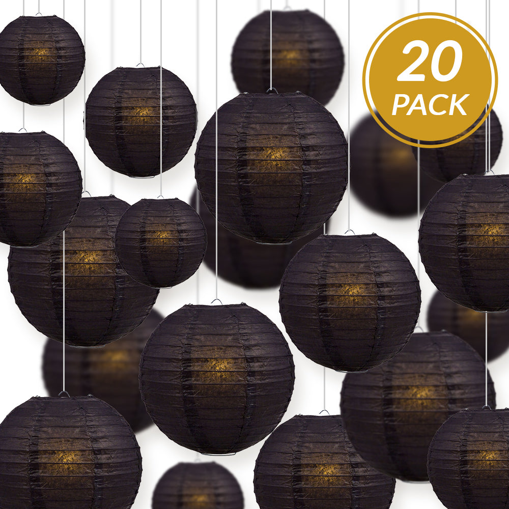 Ultimate 20pc Black Paper Lantern Party Pack - Assorted Sizes of 6, 8, 10, 12 for Weddings, Birthday, Events and Decor - PaperLanternStore.com - Paper Lanterns, Decor, Party Lights &amp; More