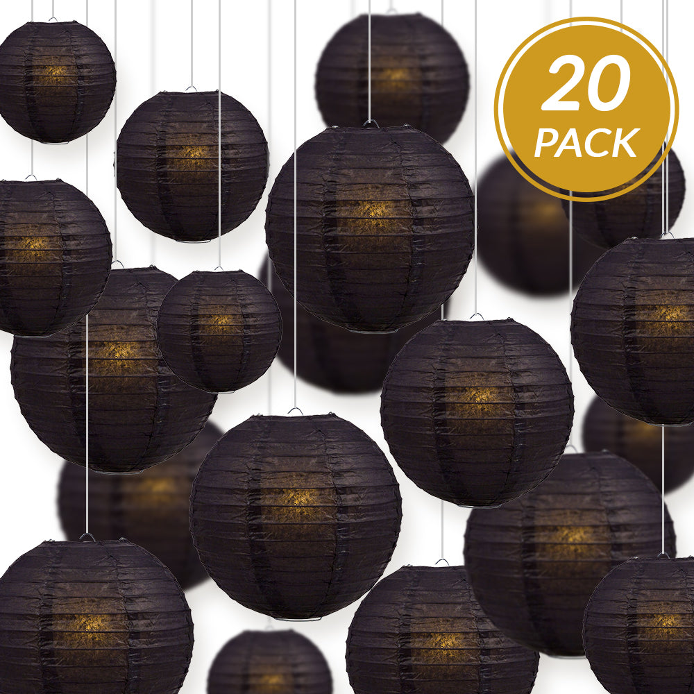 Ultimate 20pc Black Paper Lantern Party Pack - Assorted Sizes of 6, 8, 10, 12 for Weddings, Birthday, Events and Decor