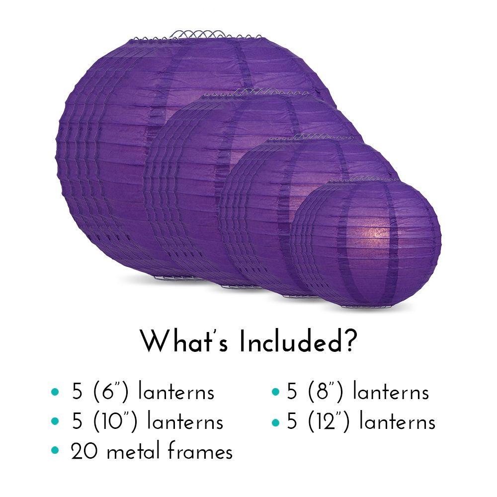 Ultimate 20pc Dark Purple Paper Lantern Party Pack - Assorted Sizes of 6, 8, 10, 12 for Weddings, Birthday, Events and Decor - PaperLanternStore.com - Paper Lanterns, Decor, Party Lights &amp; More