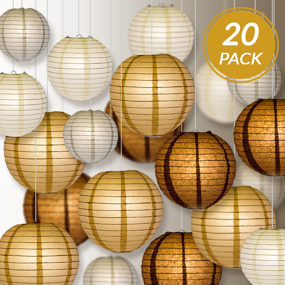 Ultimate 20-Piece Earthtone Variety Paper Lantern Party Pack - Assorted Sizes of 6&quot;, 8&quot;, 10&quot;, 12&quot; (5 Round Lanterns Each) for Weddings and Decor - PaperLanternStore.com - Paper Lanterns, Decor, Party Lights &amp; More
