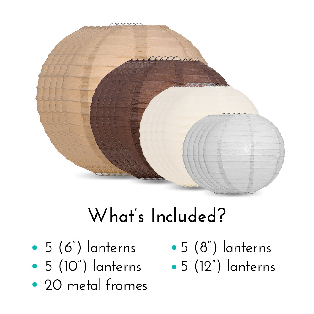 Ultimate 20-Piece Earthtone Variety Paper Lantern Party Pack - Assorted Sizes of 6&quot;, 8&quot;, 10&quot;, 12&quot; (5 Round Lanterns Each) for Weddings and Decor - PaperLanternStore.com - Paper Lanterns, Decor, Party Lights &amp; More