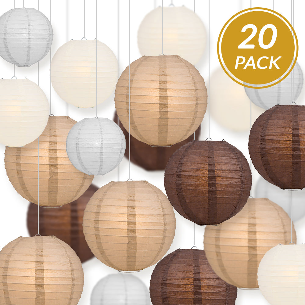 Ultimate 20-Piece Earthtone Variety Paper Lantern Party Pack - Assorted Sizes of 6", 8", 10", 12" (5 Round Lanterns Each) for Weddings and Decor