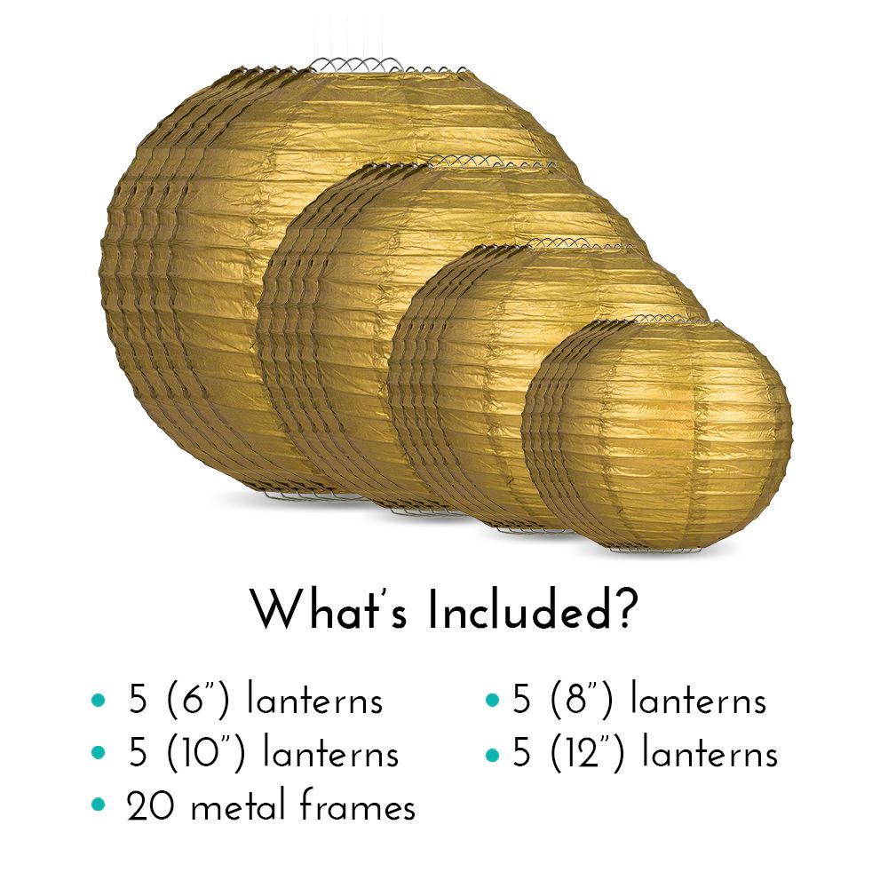 Ultimate 20pc Gold Paper Lantern Party Pack - Assorted Sizes of 6, 8, 10, 12 for Weddings, Birthday, Events and Decor - PaperLanternStore.com - Paper Lanterns, Decor, Party Lights &amp; More