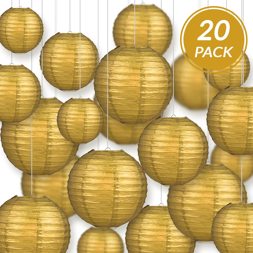 Ultimate 20pc Gold Paper Lantern Party Pack - Assorted Sizes of 6, 8, 10, 12 for Weddings, Birthday, Events and Decor