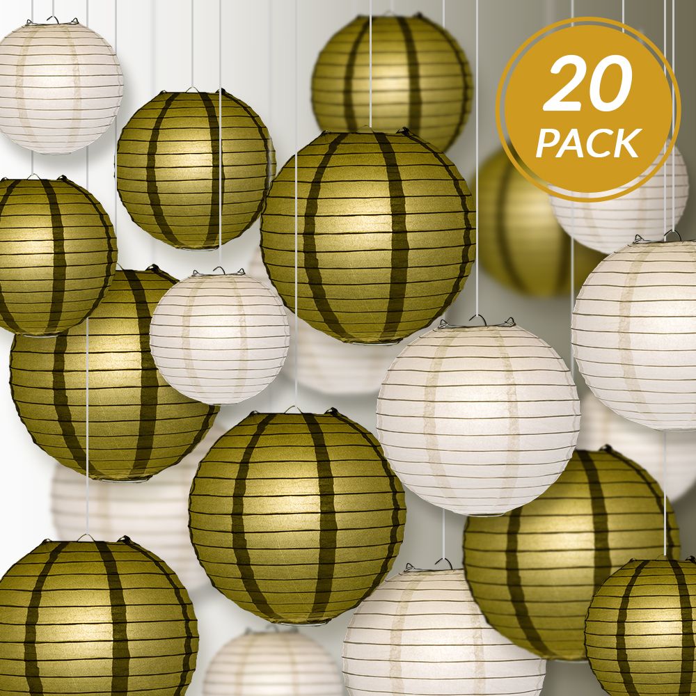 Ultimate 20-Piece Gold Variety Paper Lantern Party Pack - Assorted Sizes of 6", 8", 10", 12" (5 Round Lanterns Each) for Weddings, Events and Decor - PaperLanternStore.com - Paper Lanterns, Decor, Party Lights & More