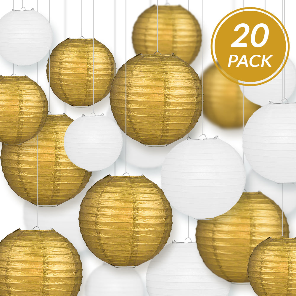 Ultimate 20-Piece Gold Variety Paper Lantern Party Pack - Assorted Sizes of 6&quot;, 8&quot;, 10&quot;, 12&quot; (5 Round Lanterns Each) for Weddings, Events and Decor - PaperLanternStore.com - Paper Lanterns, Decor, Party Lights &amp; More