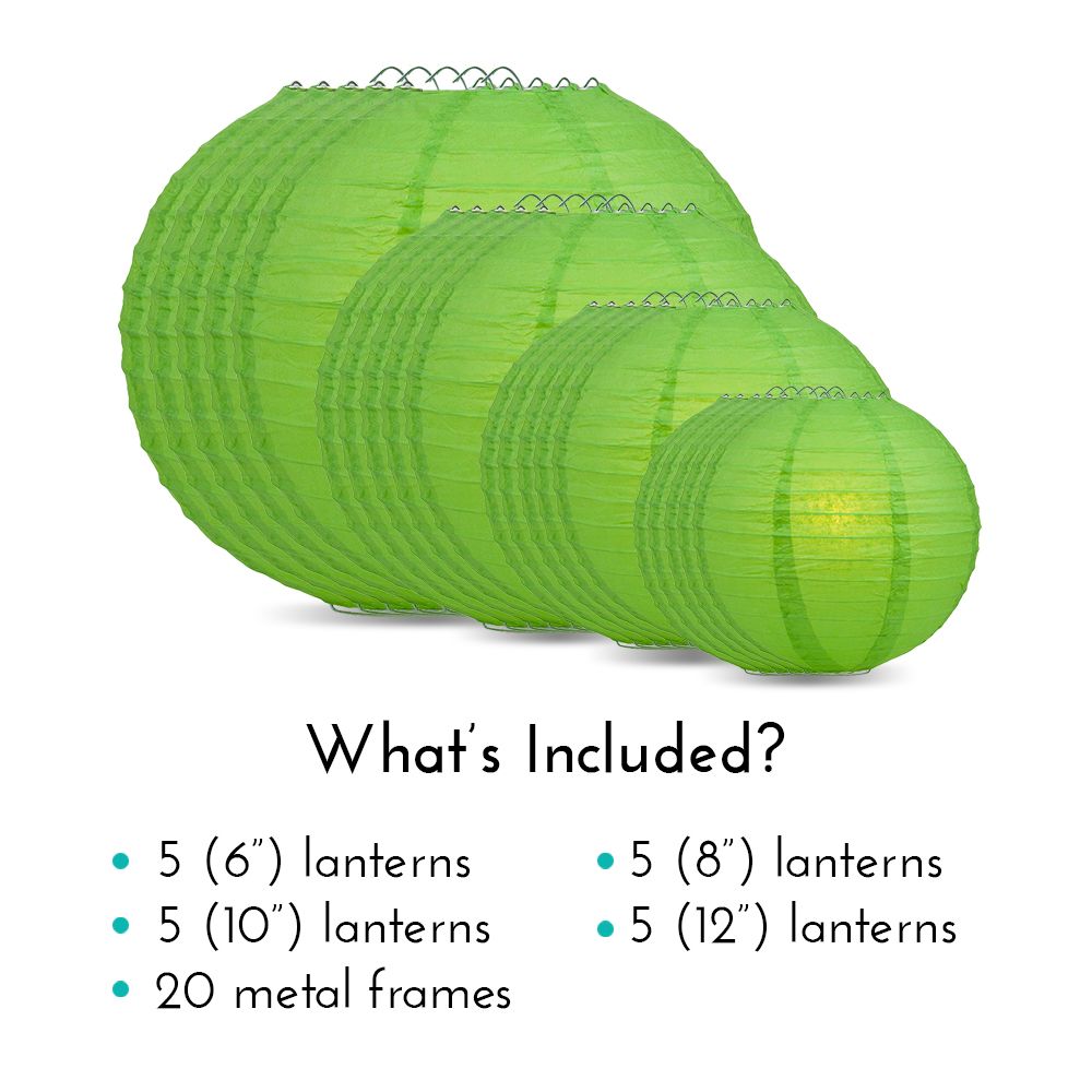 Ultimate 20pc Grass Green Paper Lantern Party Pack - Assorted Sizes of 6, 8, 10, 12 for Weddings, Birthday, Events and Decor - PaperLanternStore.com - Paper Lanterns, Decor, Party Lights &amp; More