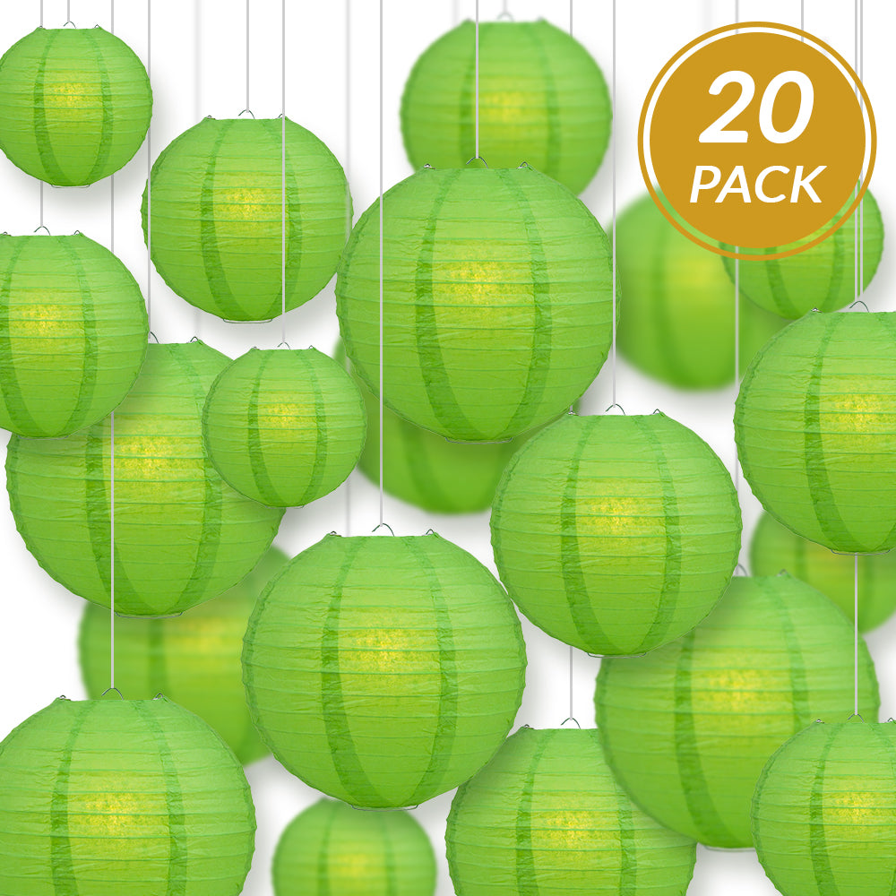 Ultimate 20pc Grass Green Paper Lantern Party Pack - Assorted Sizes of 6, 8, 10, 12 for Weddings, Birthday, Events and Decor