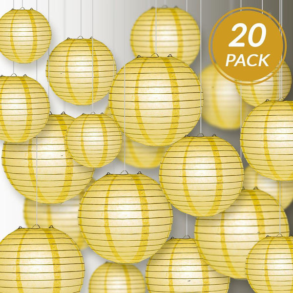 BULK PACK (5) 24&quot; Lemon Yellow Chiffon Round Paper Lantern, Even Ribbing, Chinese Hanging Wedding &amp; Party Decoration - PaperLanternStore.com - Paper Lanterns, Decor, Party Lights &amp; More
