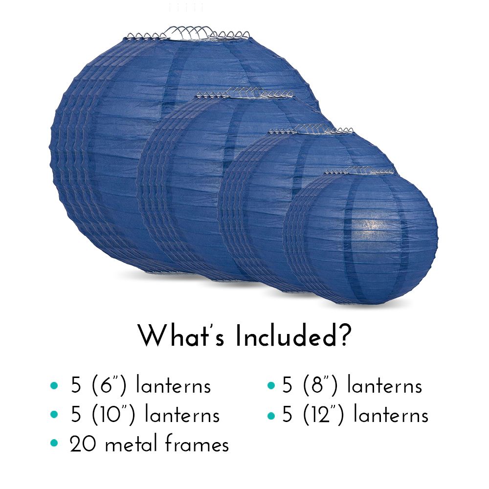 Ultimate 20pc Navy Blue Paper Lantern Party Pack - Assorted Sizes of 6, 8, 10, 12 for Weddings, Birthday, Events and Decor - PaperLanternStore.com - Paper Lanterns, Decor, Party Lights &amp; More