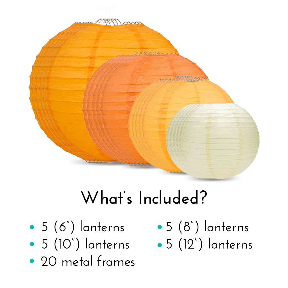 Ultimate 20-Piece Orange Variety Paper Lantern Party Pack - Assorted Sizes of 6&quot;, 8&quot;, 10&quot;, 12&quot; (5 Round Lanterns Each) for Weddings, Events and Decor - PaperLanternStore.com - Paper Lanterns, Decor, Party Lights &amp; More