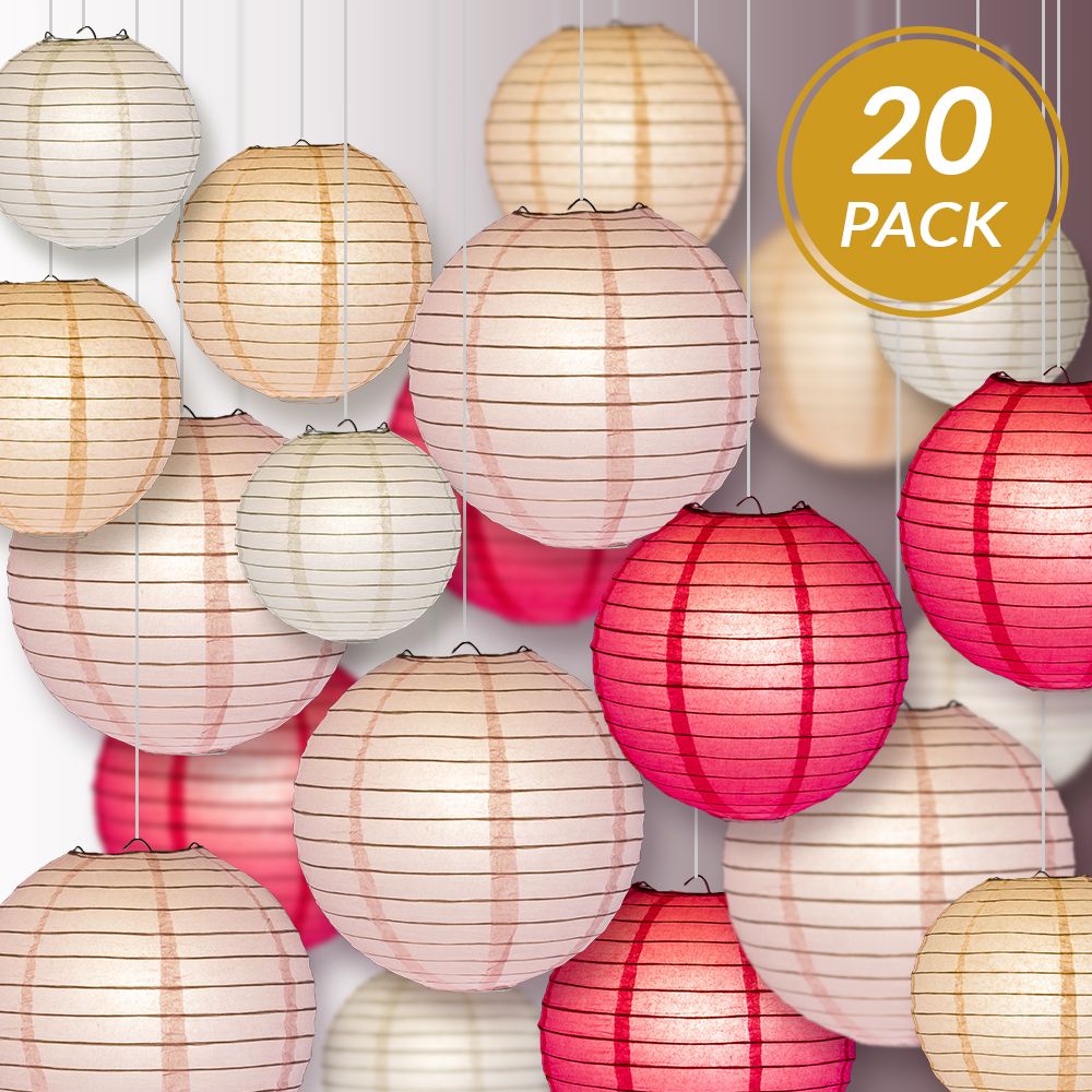 Ultimate 20-Piece Pink Variety Paper Lantern Party Pack - Assorted Sizes of 6", 8", 10", 12" (5 Round Lanterns Each) for Weddings, Events and Decor - PaperLanternStore.com - Paper Lanterns, Decor, Party Lights & More