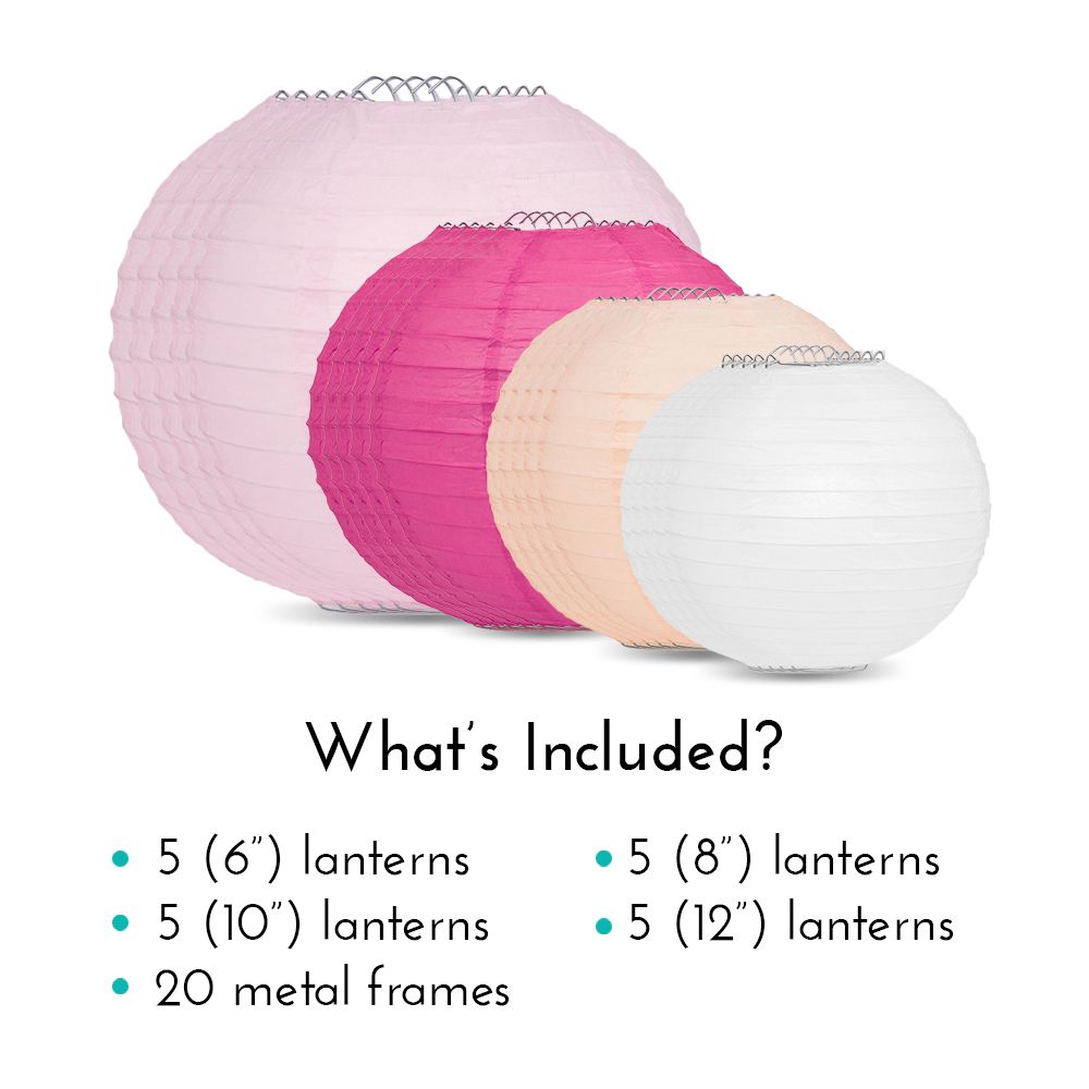 Ultimate 20-Piece Pink Variety Paper Lantern Party Pack - Assorted Sizes of 6&quot;, 8&quot;, 10&quot;, 12&quot; (5 Round Lanterns Each) for Weddings, Events and Decor - PaperLanternStore.com - Paper Lanterns, Decor, Party Lights &amp; More