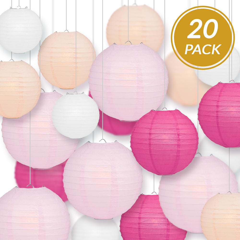 Ultimate 20-Piece Pink Variety Paper Lantern Party Pack - Assorted Sizes of 6&quot;, 8&quot;, 10&quot;, 12&quot; (5 Round Lanterns Each) for Weddings, Events and Decor - PaperLanternStore.com - Paper Lanterns, Decor, Party Lights &amp; More