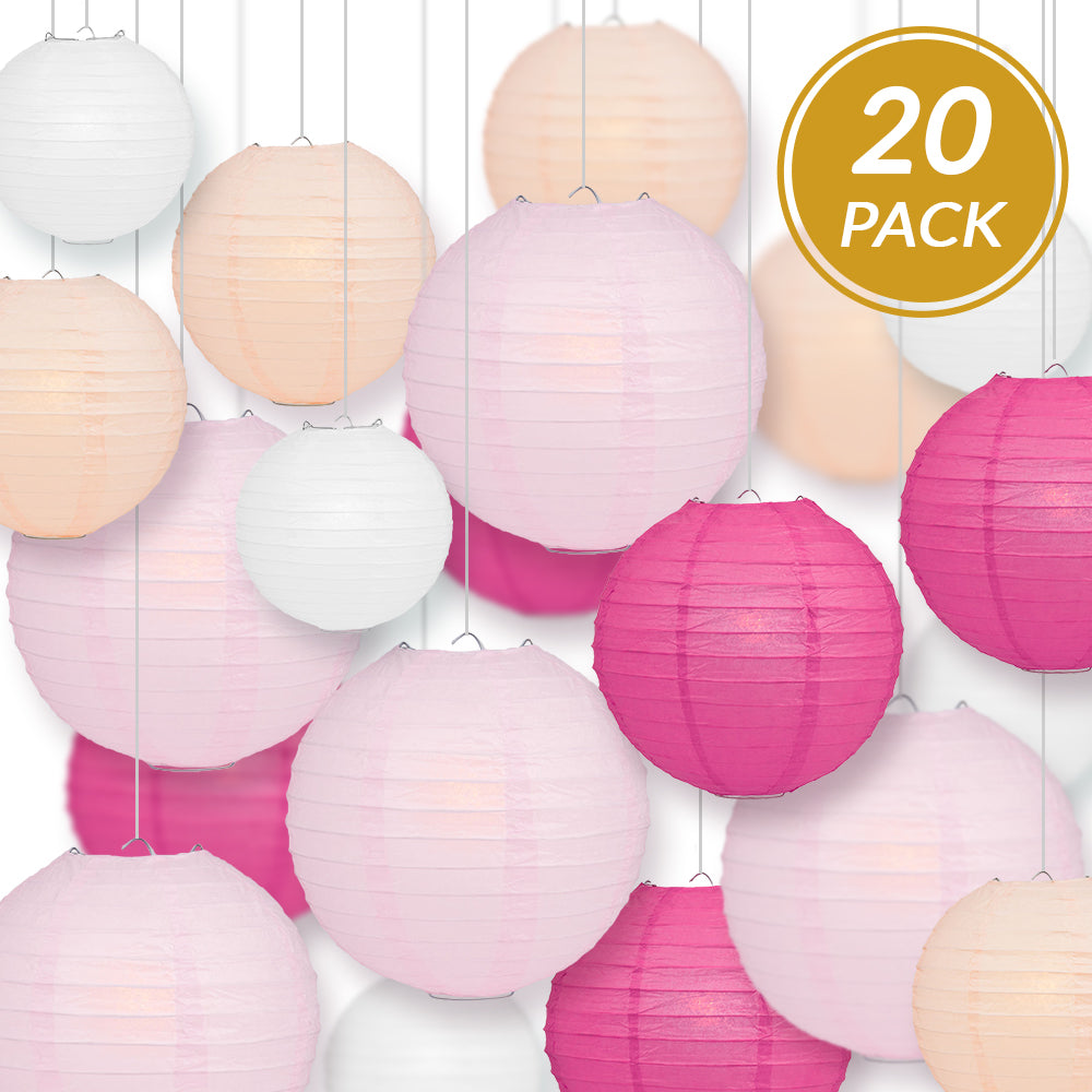 Ultimate 20-Piece Pink Variety Paper Lantern Party Pack - Assorted Sizes of 6", 8", 10", 12" (5 Round Lanterns Each) for Weddings, Events and Decor - PaperLanternStore.com - Paper Lanterns, Decor, Party Lights & More