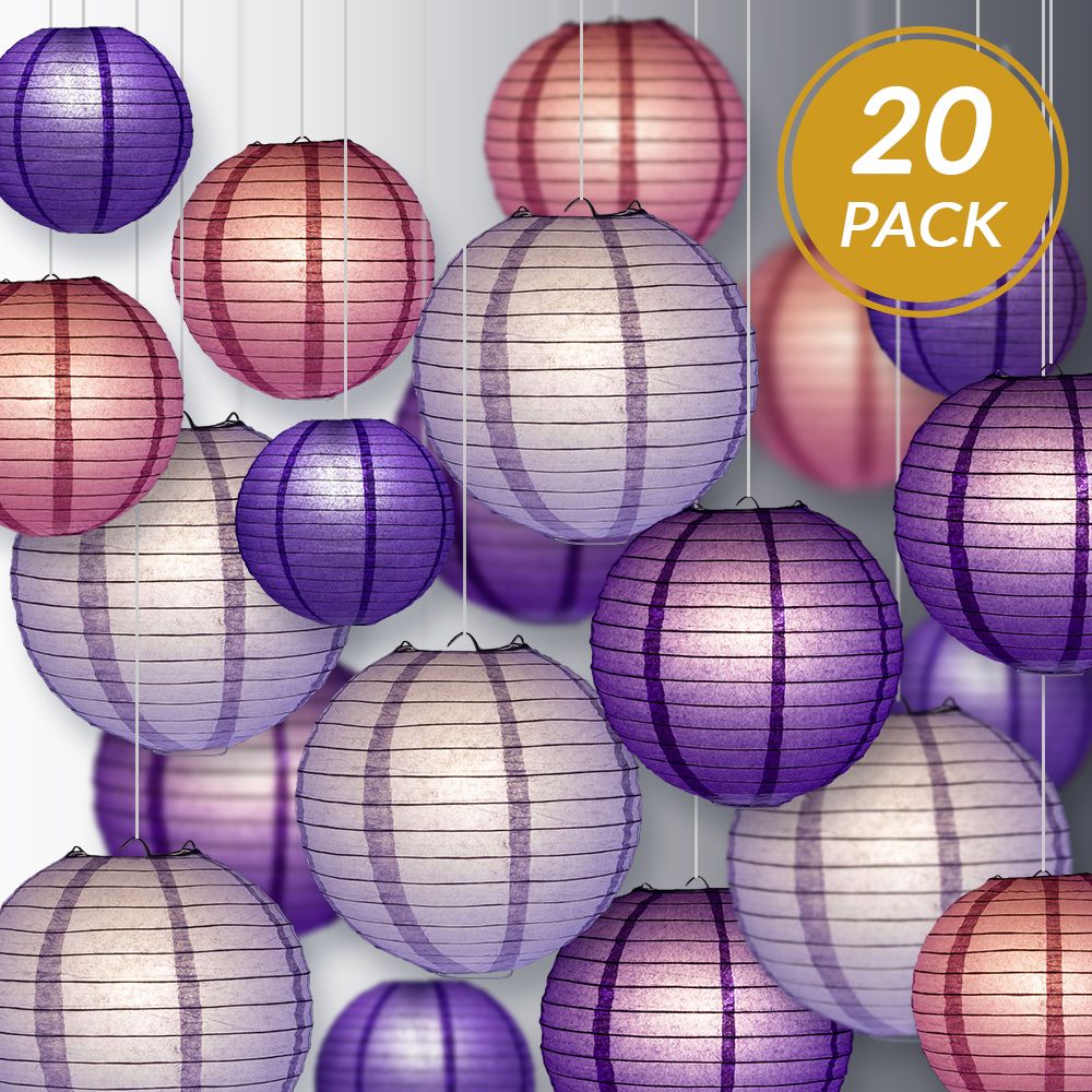Ultimate 20-Piece Purple Variety Paper Lantern Party Pack - Assorted Sizes of 6", 8", 10", 12" (5 Round Lanterns Each) for Weddings, Birthday, Events and Decor - PaperLanternStore.com - Paper Lanterns, Decor, Party Lights & More
