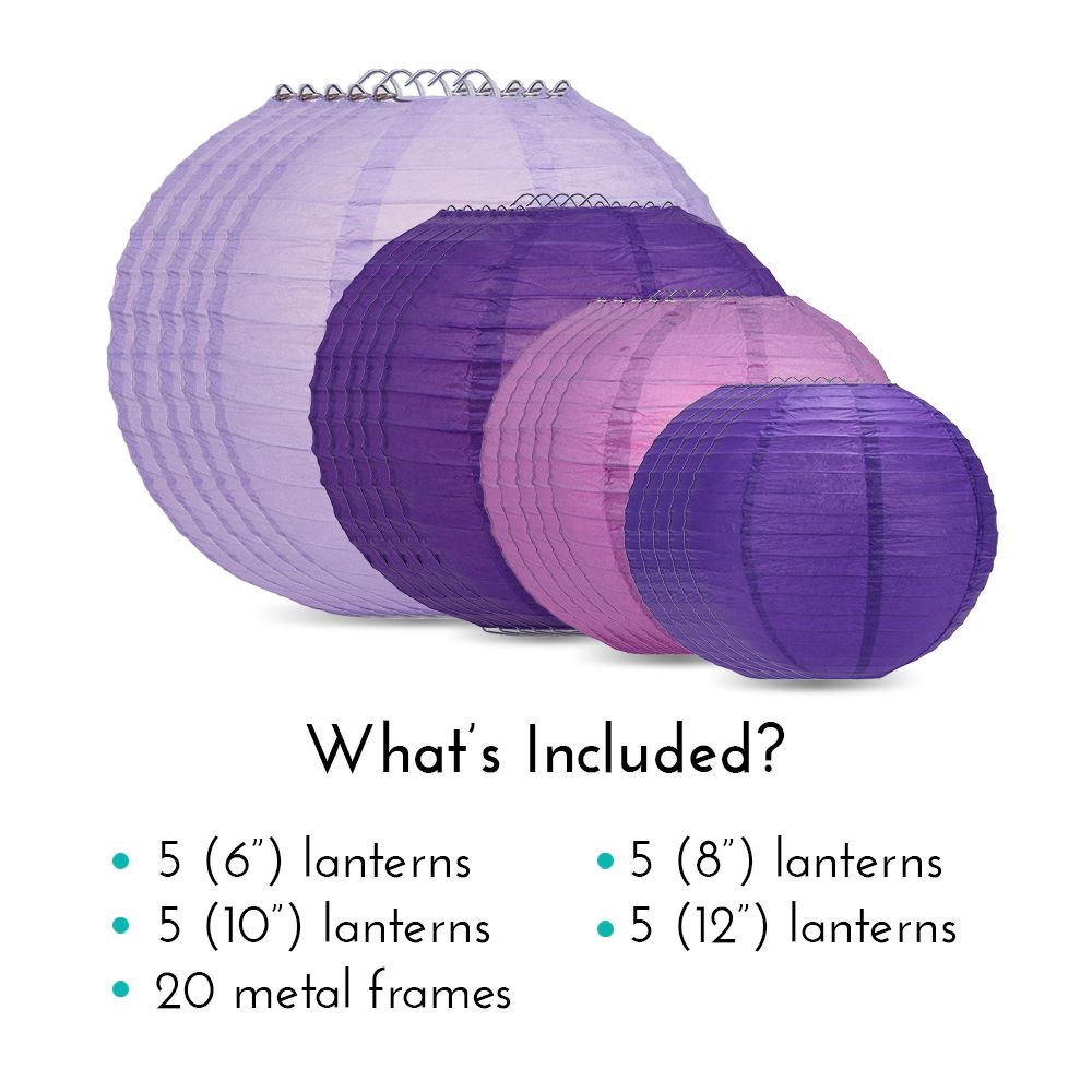 Ultimate 20-Piece Purple Variety Paper Lantern Party Pack - Assorted Sizes of 6&quot;, 8&quot;, 10&quot;, 12&quot; (5 Round Lanterns Each) for Weddings, Birthday, Events and Decor - PaperLanternStore.com - Paper Lanterns, Decor, Party Lights &amp; More