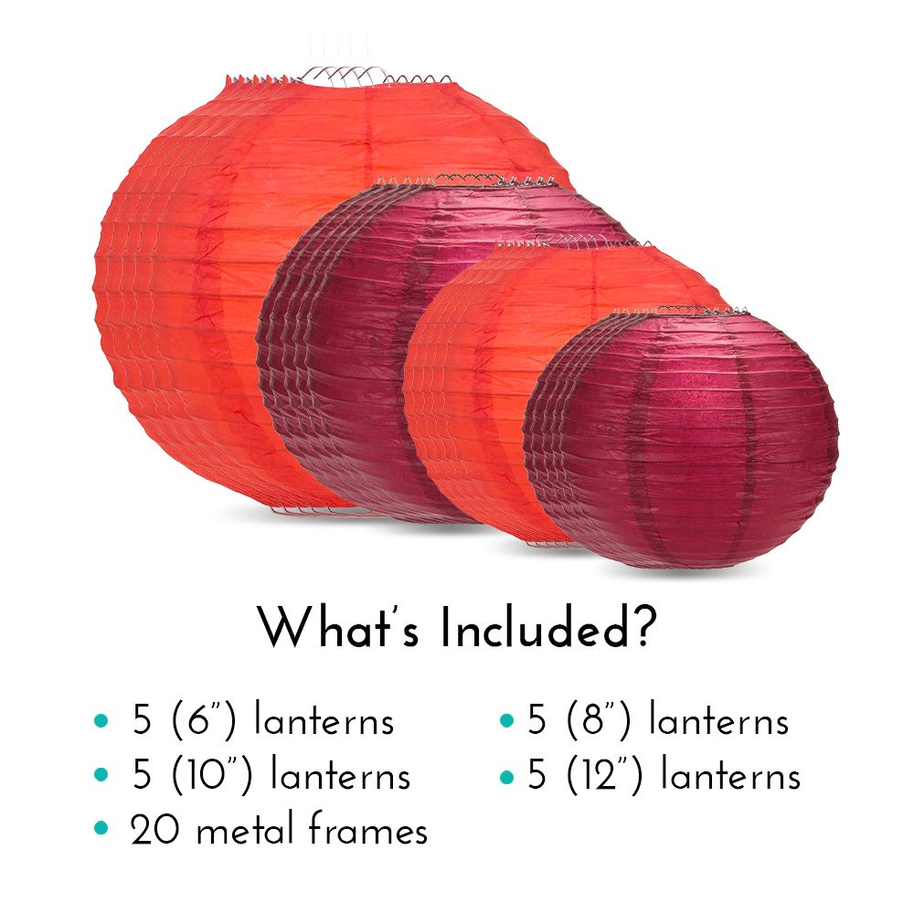 Ultimate 20-Piece Red Variety Paper Lantern Party Pack - Assorted Sizes of 6&quot;, 8&quot;, 10&quot;, 12&quot; (5 Round Lanterns Each) for Weddings, Birthday, Events and Decor - PaperLanternStore.com - Paper Lanterns, Decor, Party Lights &amp; More