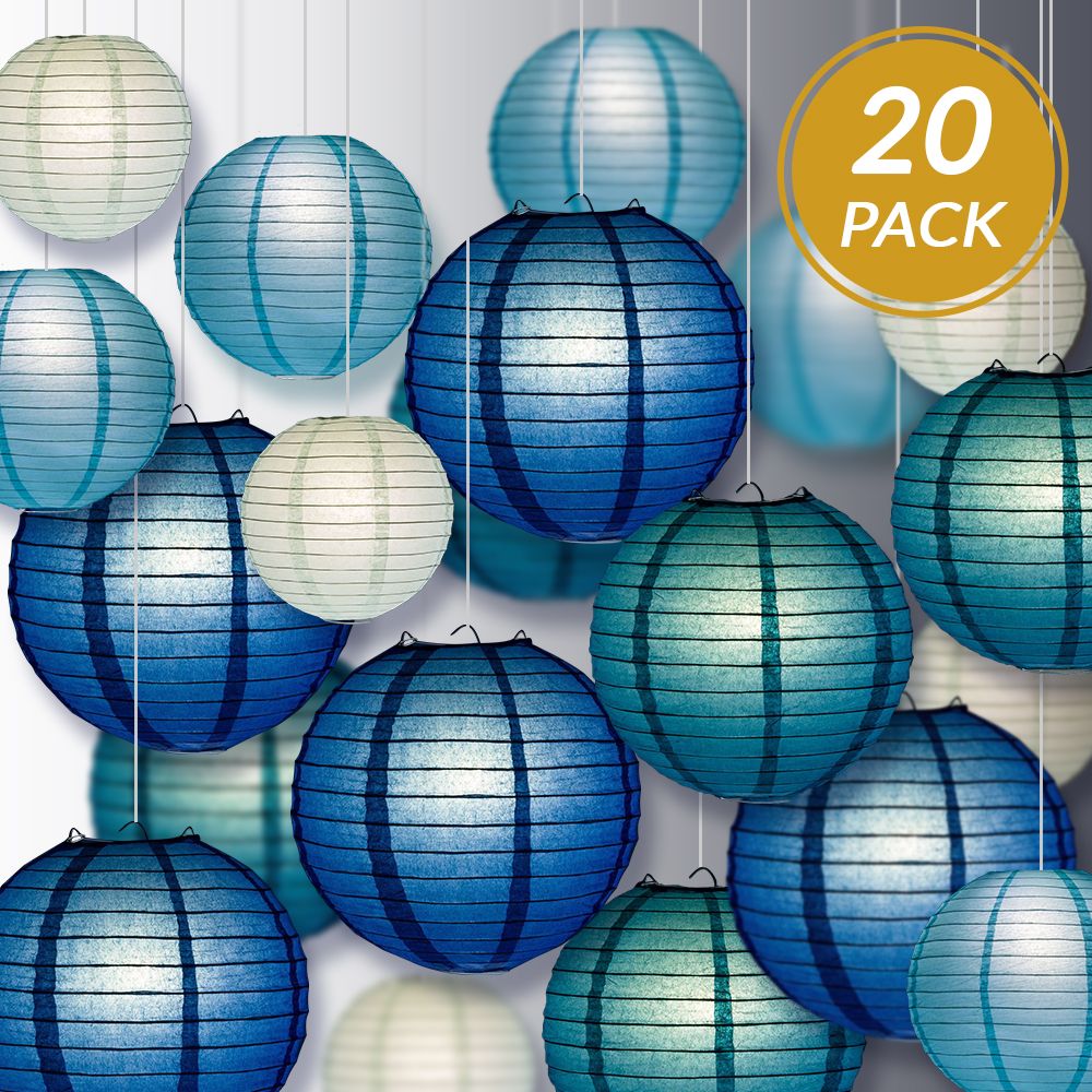 Ultimate 20-Piece Sea Blue Variety Paper Lantern Party Pack - Assorted Sizes - 6&quot;, 8&quot;, 10&quot;, 12&quot; (5 Round Lanterns Each) for Weddings, Events and Decor - PaperLanternStore.com - Paper Lanterns, Decor, Party Lights &amp; More