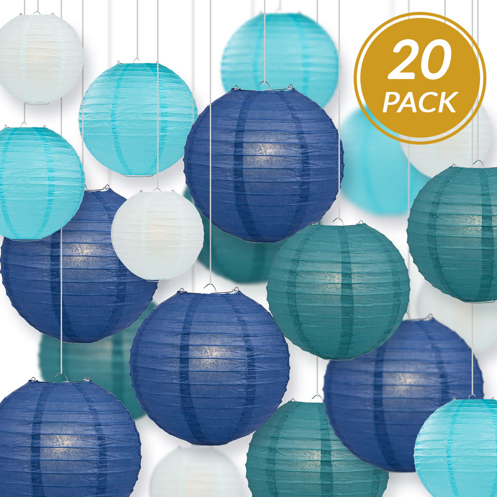 Ultimate 20-Piece Sea Blue Variety Paper Lantern Party Pack - Assorted Sizes - 6", 8", 10", 12" (5 Round Lanterns Each) for Weddings, Events and Decor