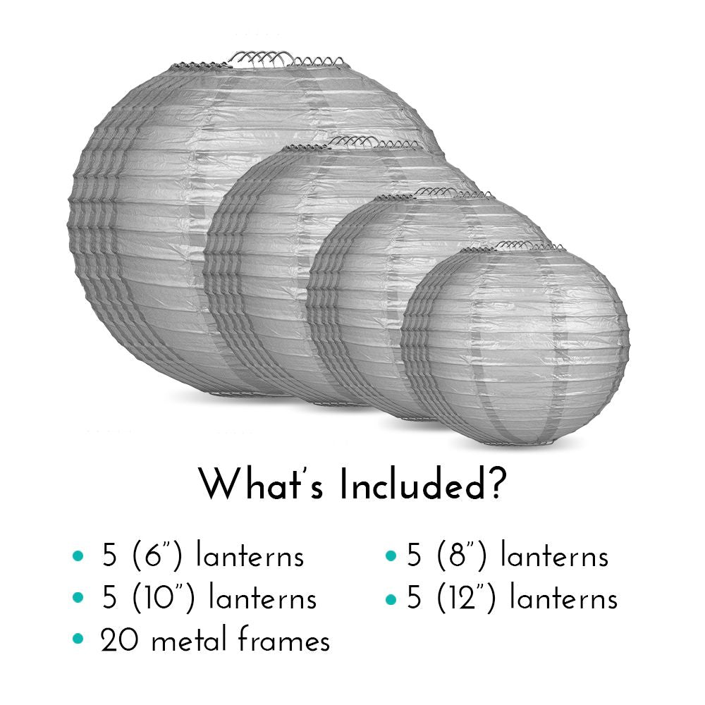 Ultimate 20pc Silver Paper Lantern Party Pack - Assorted Sizes of 6, 8, 10, 12 for Weddings, Birthday, Events and Decor - PaperLanternStore.com - Paper Lanterns, Decor, Party Lights &amp; More
