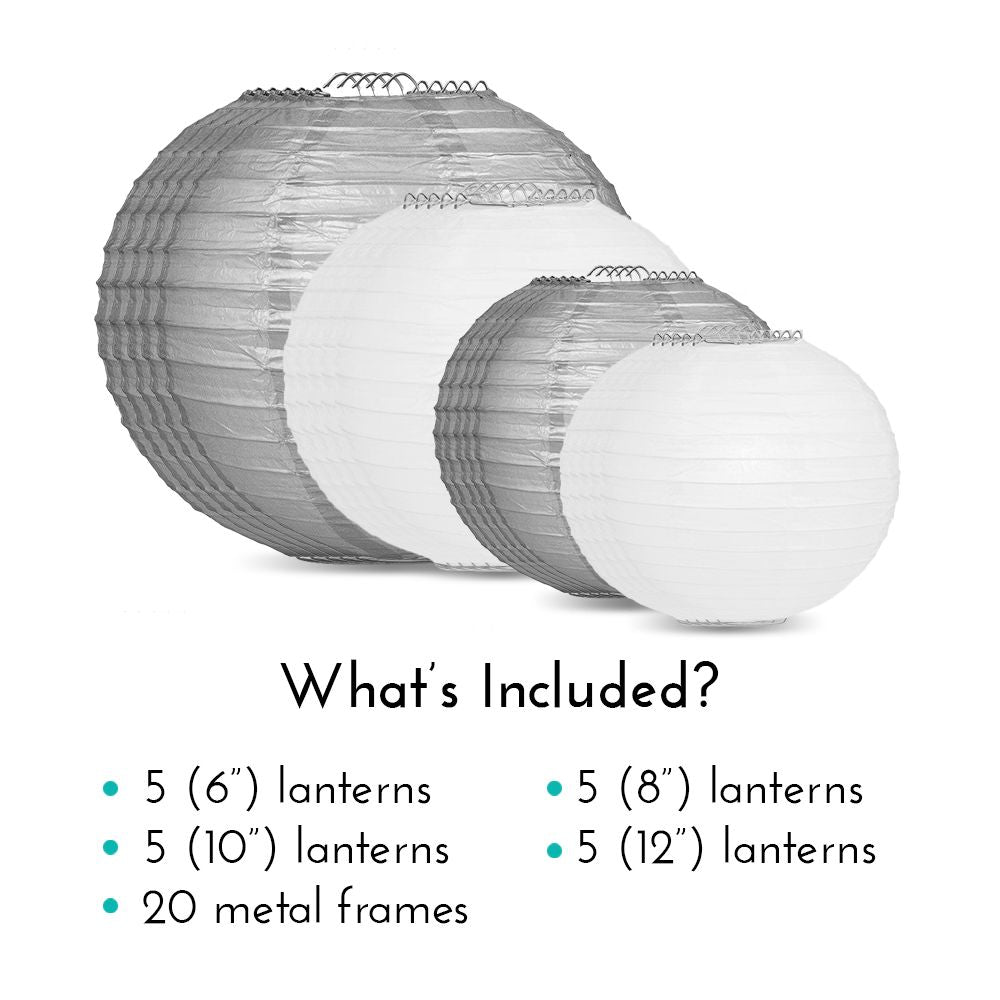 Ultimate 20-Piece Silver Variety Paper Lantern Party Pack - Assorted Sizes of 6&quot;, 8&quot;, 10&quot;, 12&quot; (5 Round Lanterns Each) for Weddings, Events and Decor - PaperLanternStore.com - Paper Lanterns, Decor, Party Lights &amp; More