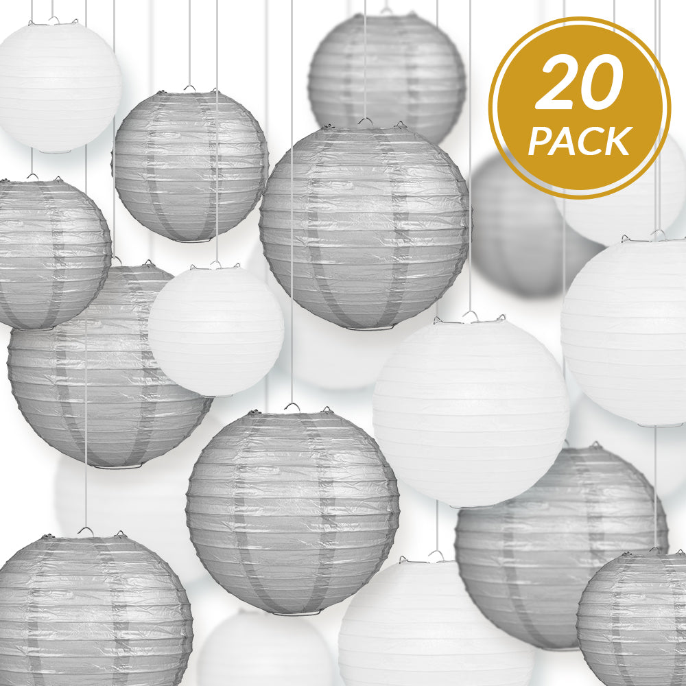 Ultimate 20-Piece Silver Variety Paper Lantern Party Pack - Assorted Sizes of 6", 8", 10", 12" (5 Round Lanterns Each) for Weddings, Events and Decor - PaperLanternStore.com - Paper Lanterns, Decor, Party Lights & More