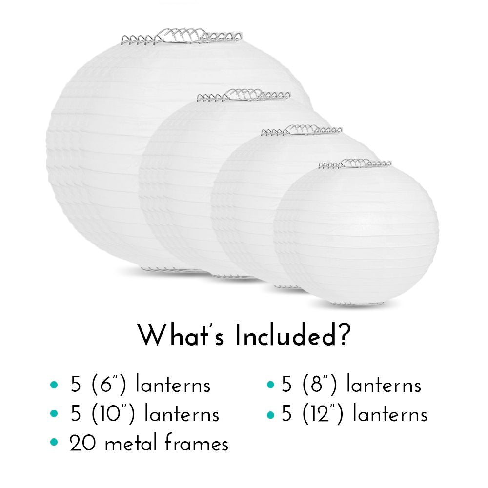 Ultimate 20pc White Paper Lantern Party Pack - Assorted Sizes of 6, 8, 10, 12 for Weddings, Birthday, Events and Decor - PaperLanternStore.com - Paper Lanterns, Decor, Party Lights &amp; More