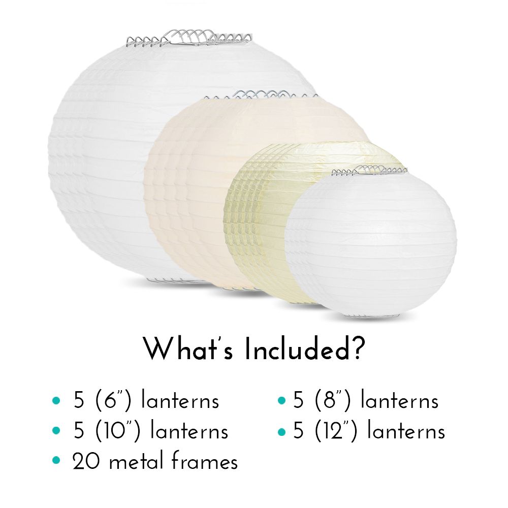 Ultimate 20-Piece White Variety Paper Lantern Party Pack - Assorted Sizes of 6&quot;, 8&quot;, 10&quot;, 12&quot; (5 Round Lanterns Each) for Weddings, Events and Decor - PaperLanternStore.com - Paper Lanterns, Decor, Party Lights &amp; More